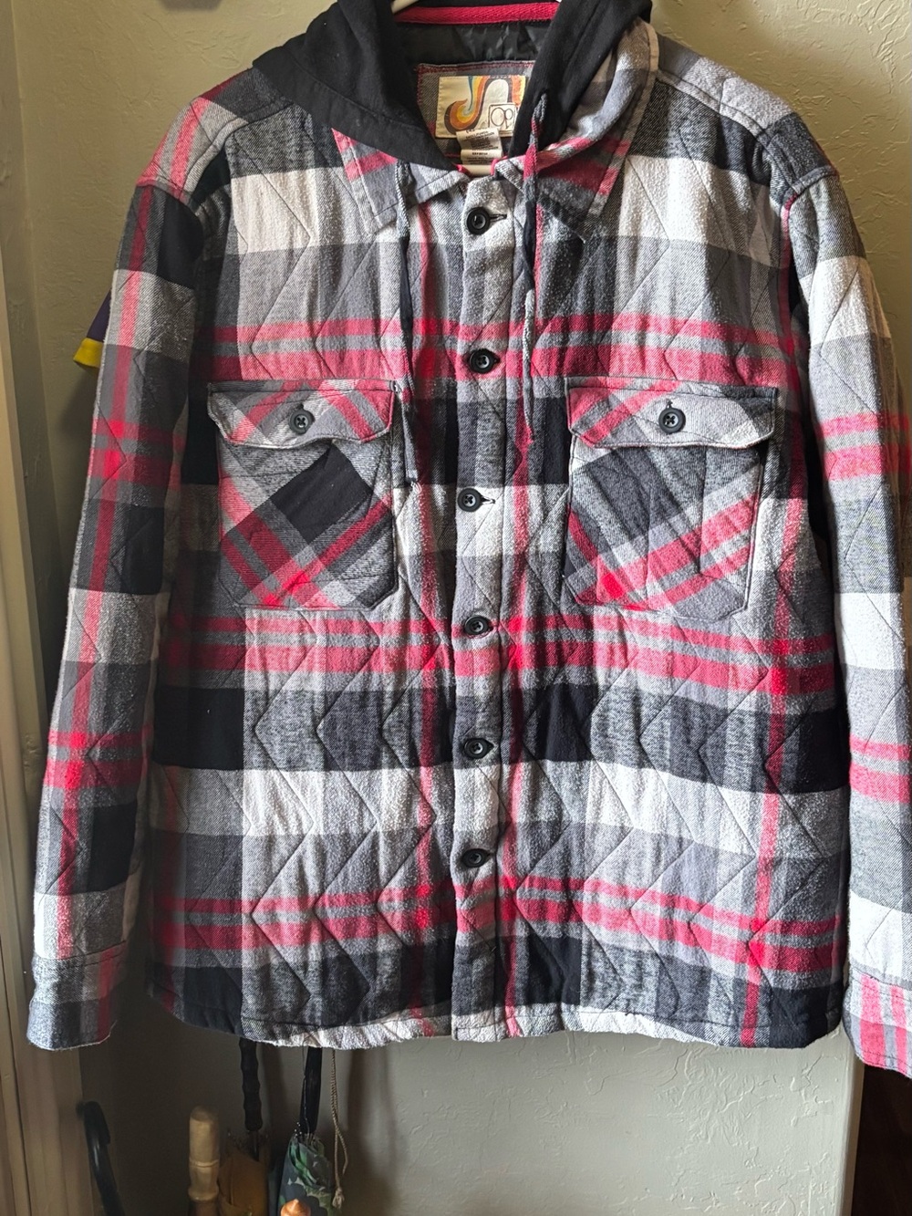 OP Quilted Plaid Hooded Shirt Jacket - Gray, Black & Red